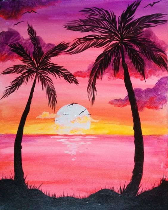 Painting of a sunset on the beach.