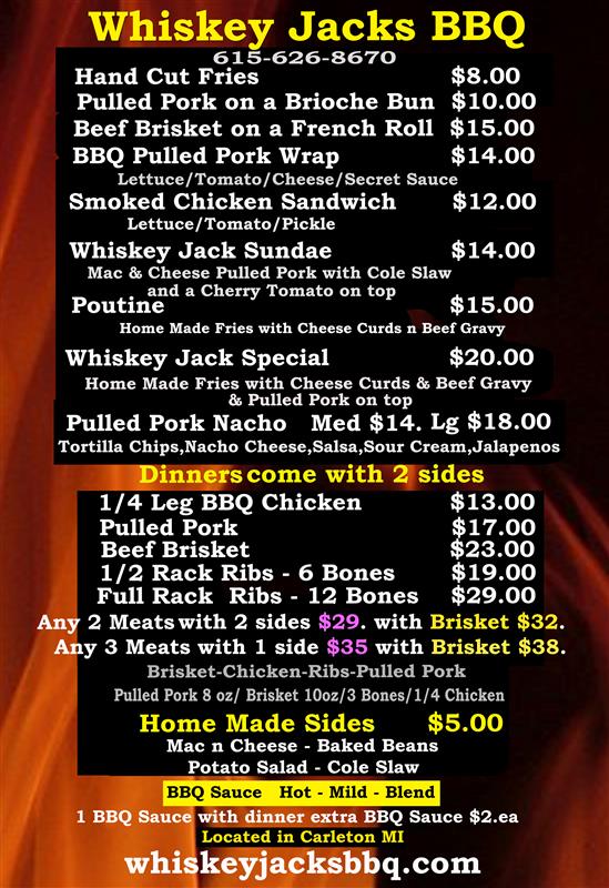 Whiskey Jack's BBQ menu