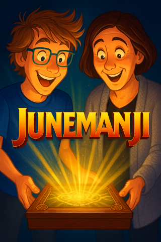 A poster-style picture depicting two librarians looking over text that says "Junemanji"