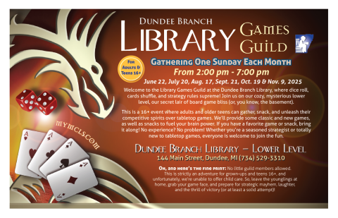 Playing cards, a dragon, and dice appear in the background of the event description.