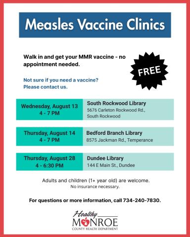 A flyer with information about the Monroe County Health Department's vaccine clinics.