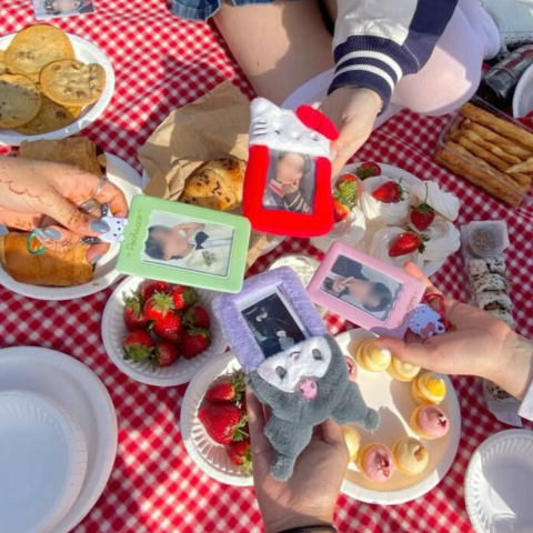 K-pop picnic with photocard holders and food.