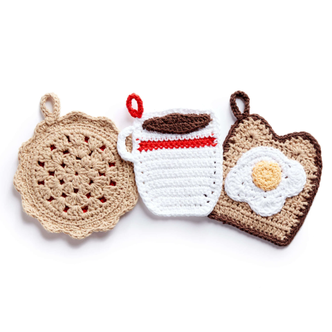 Image of crochet cherry pie, toast with egg, and a crochet cup of coffee