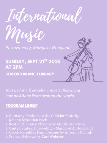 purple concert flyer with line drawing of a cellist