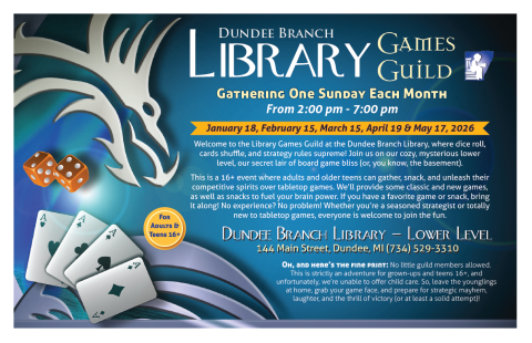 Features a dragon and playing cards as well as the text description of the event.