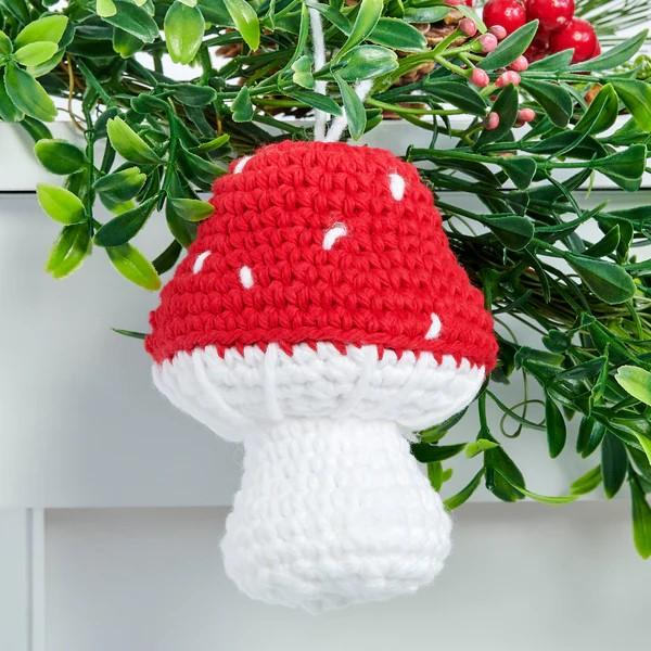 Crochet red and white mushroom ornament