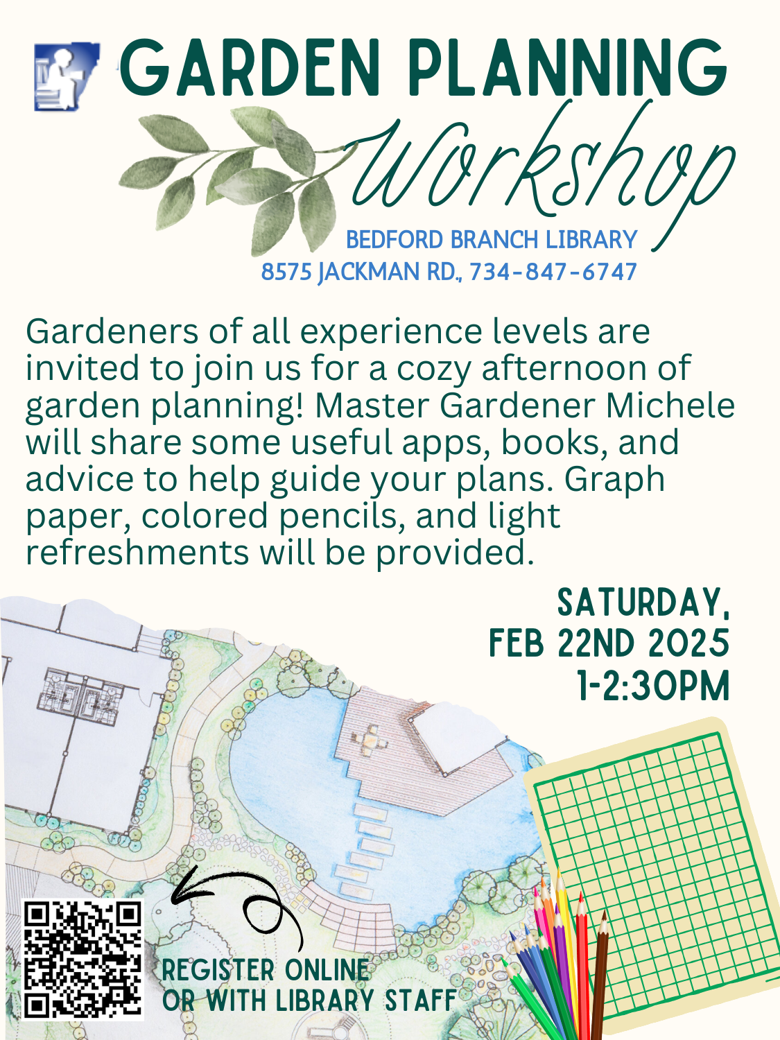 Program Flyer with illustrations of garden plan, graph paper, and colored pencils