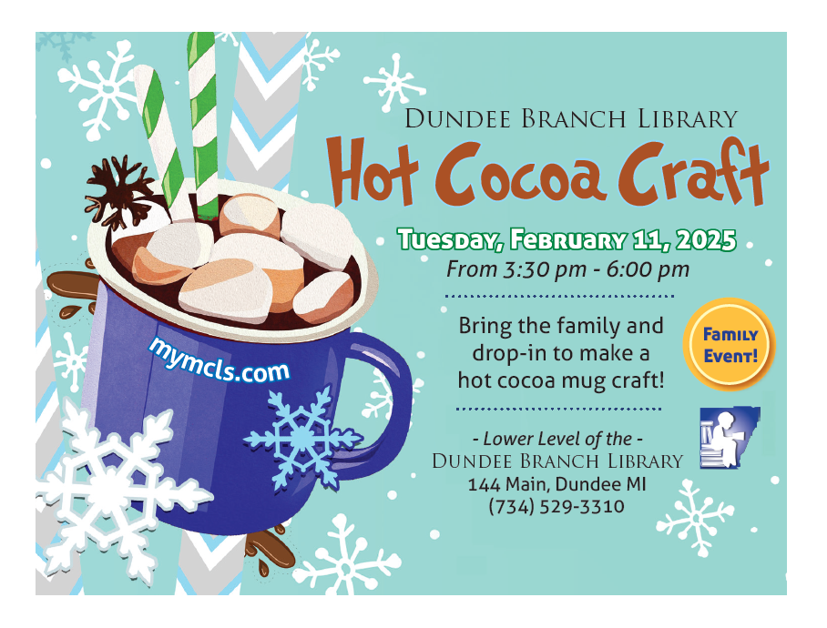 An image of hot cocoa in a blue mug with a text description of the event.