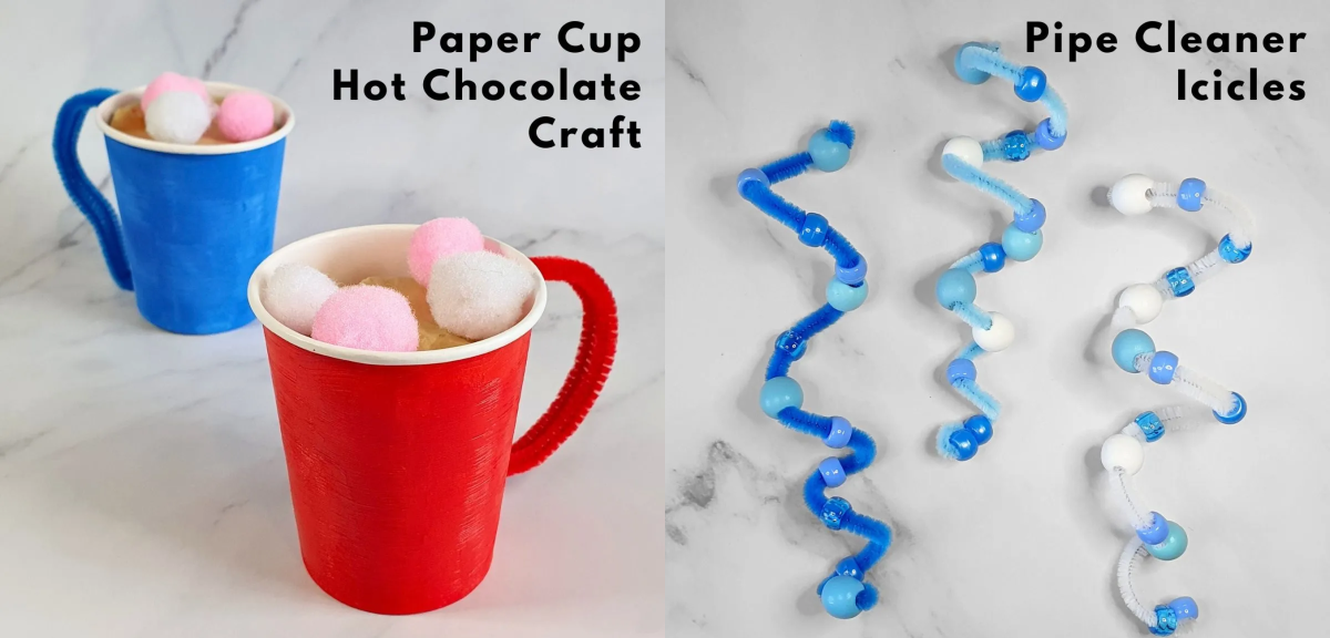 Handmade cocoa made with plastic cup and felt; handmade icicle made with pipe cleaner and beads