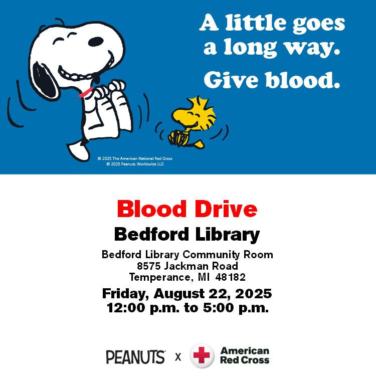 Snoopy and Woodstock sharing the date and time for blood drive.