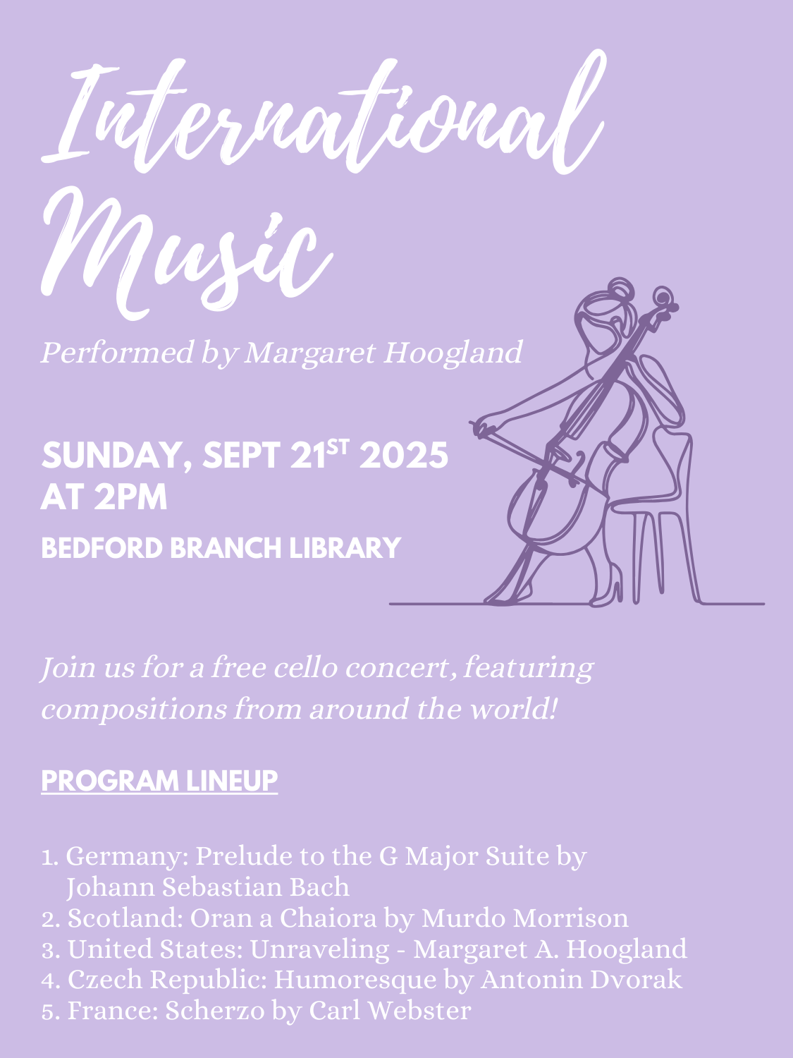 purple concert flyer with line drawing of a cellist